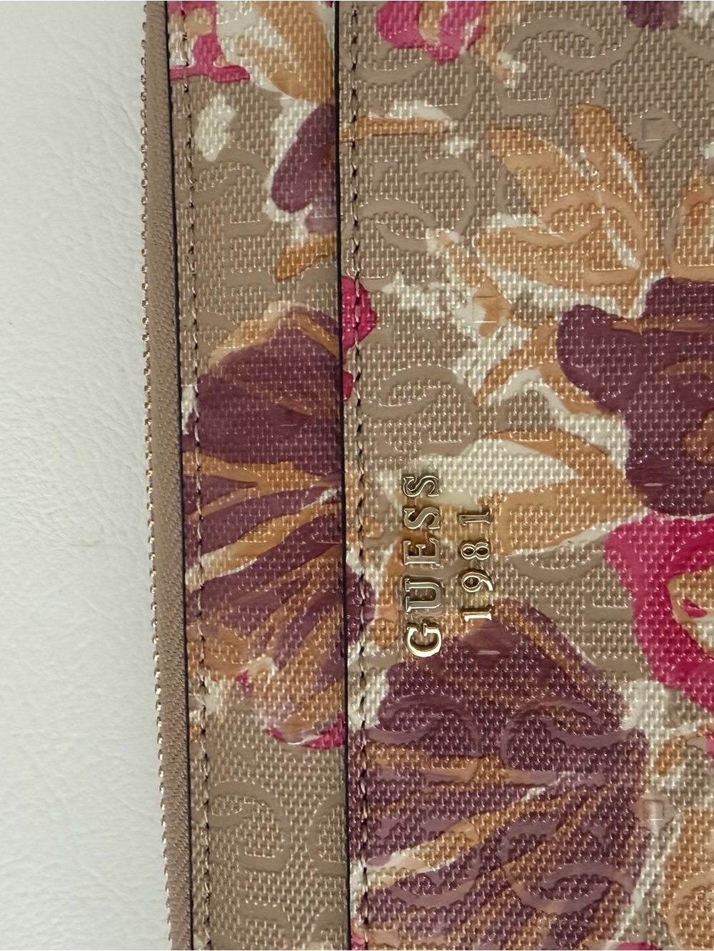 GUESS Floral Print Wallet in Beige, Pink and Purple with Gold Logo